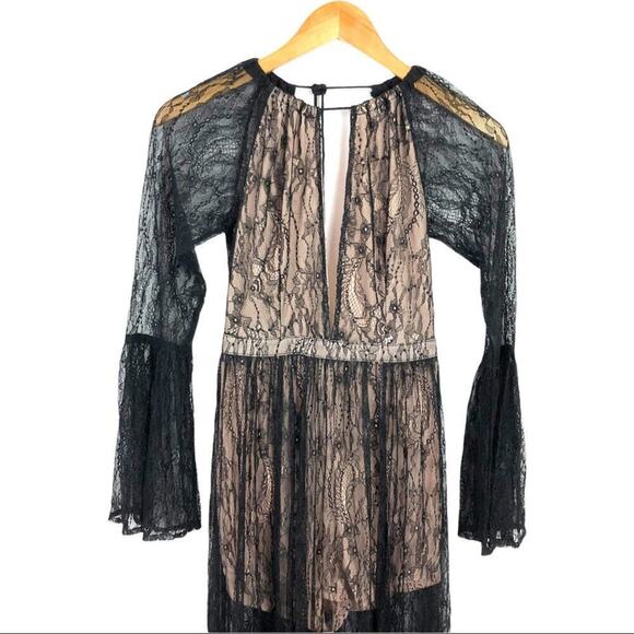 Whyte Eyelash Skirted Maxi Black Lace Sheer Romper Deep V-neck bell sleeves S - Picture 7 of 16